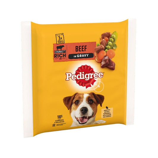 Pedigree Dog Food Pouches with Beef and Vegetable in Gravy 100g Pack 0f 3 (Box of 14)